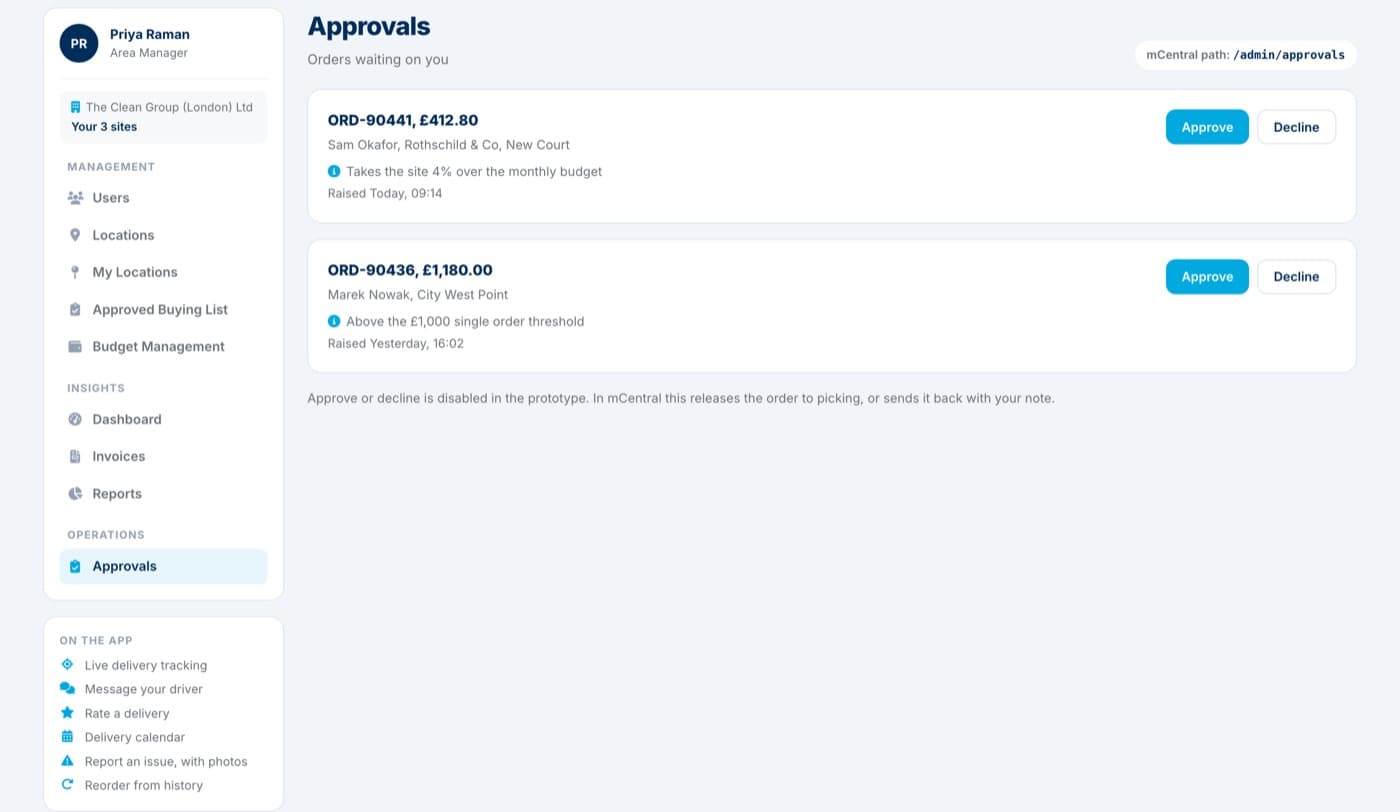The approvals screen in mCentral, showing two orders waiting with the reason each was held